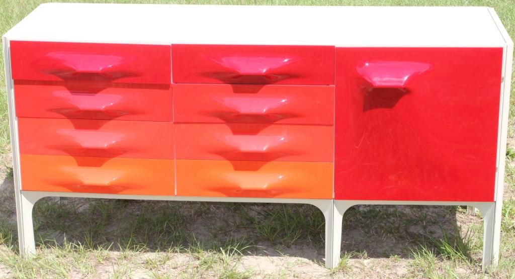 MID CENTURY MODERN CHEST OF DRAWERS,: RAYMOND LOEWY FOR DF 2000 DRESSER, CIRCA LATE 60S, 6 DR/DOOR, ORANGE & RED, STEEL & PLASTIC, WITH ORIGINAL CATALOG, 29 1/2" H, 60 3/4" W, 20" D
