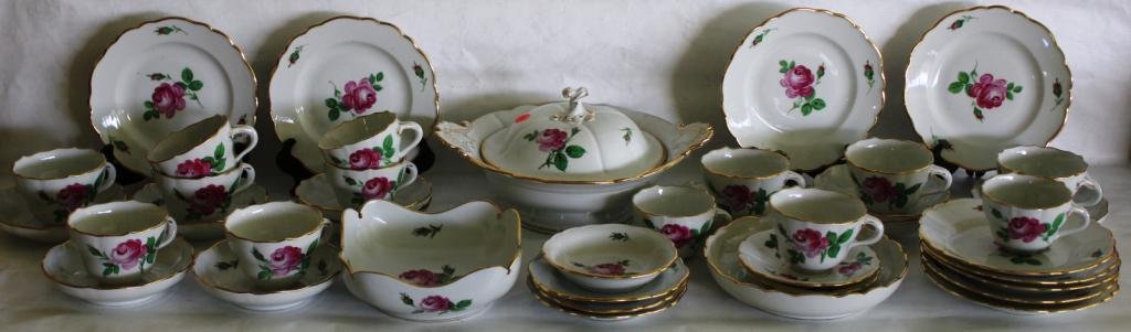 41 PC. MEISSEN PORCELAIN PARTIAL DESSERT SET,: WITH ROSE DECORATION, TO INCLUDE COVERED TUREEN, 2 OPEN BOWLS, 9 PLATES 7 1/2", 11 CUPS & SAUCERS, 1 EXTRA CUP, AND 5 SMALL PLATES