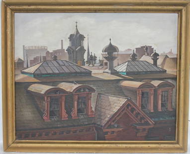 OIL ON CANVAS, ROOFTOP SCENE,: SIGNED ON BACK W.P.A. 1938 FEDERAL ART PROJECT TITLE: '"ROOF TOPS" SIZE 24" X 30" MEDIUM OIL ON CANVAS ARTIST YVONNE TWINING FINISHED DEC. 30 1938