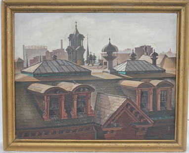 OIL ON CANVAS, ROOFTOP SCENE,: SIGNED ON BACK W.P.A. 1938 FEDERAL ART PROJECT TITLE: '"ROOF TOPS" SIZE 24" X 30" MEDIUM OIL ON CANVAS ARTIST YVONNE TWINING FINISHED DEC. 30 1938