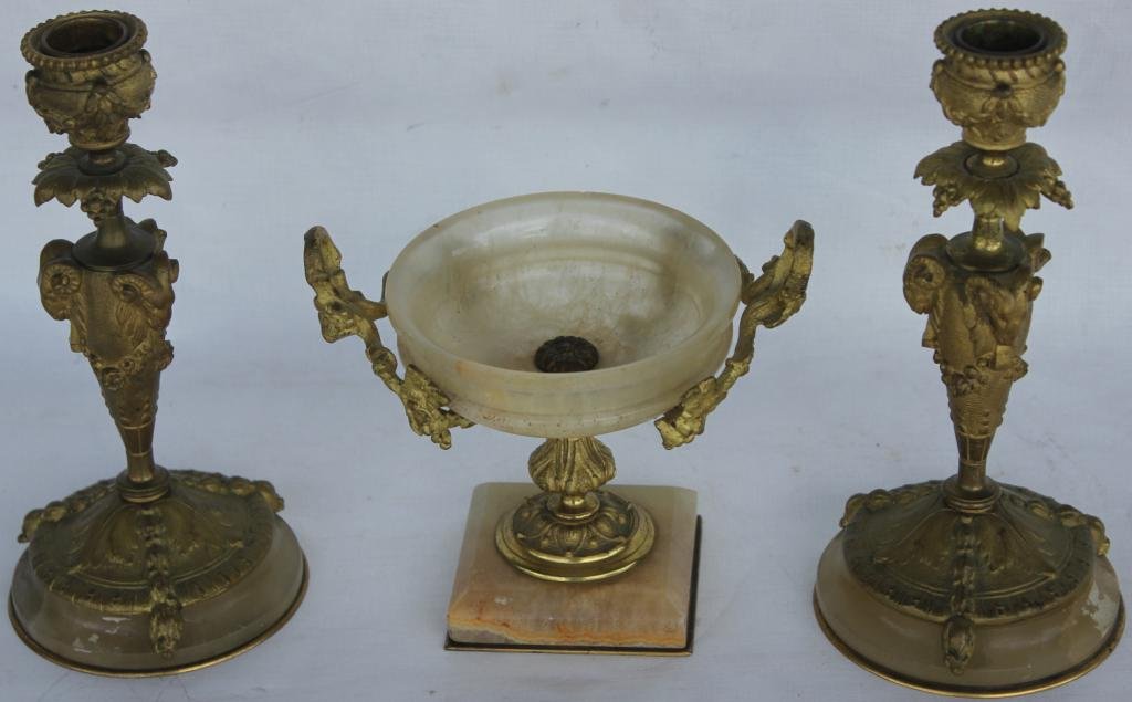 ORNATE FRENCH GILT BRONZE & MARBLE: 3 PC. GARNITURE SET, 8" H CANDLESTICKS, 5 1/4" SMALL COMPOTE, SIGNED ON BOTTOM A.G.