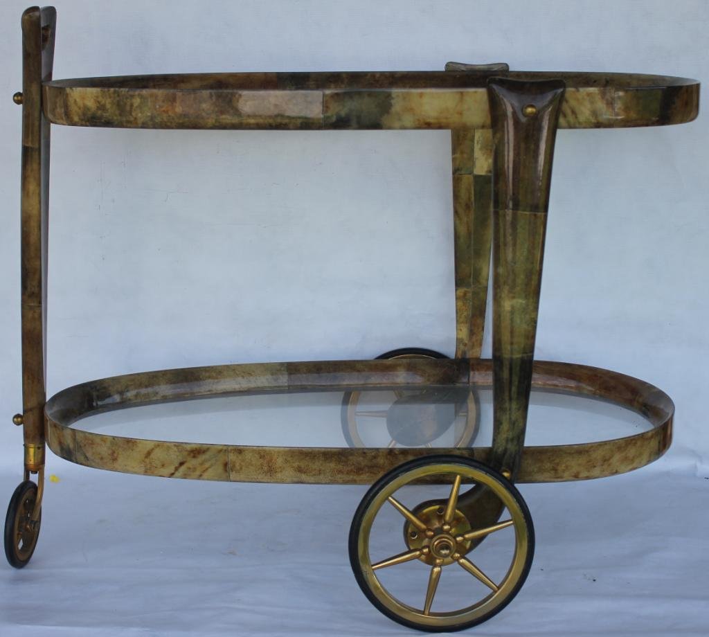 ALDO TURA DRINKS CART, ITALIAN,: CIRCA EARLY 60s, GOATSKIN, GLASS, BRASS 28 1/2" H, 33" L, 20" D
