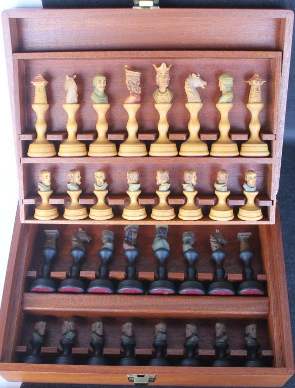 QUALITY CARVED & TURNED WOOD CHESS SET,: FIGURAL PIECES, FITTED WOODEN BOX, 3 1/2" H, 11" W, 8 1/2" D, PIECES ARE 2" - 4"