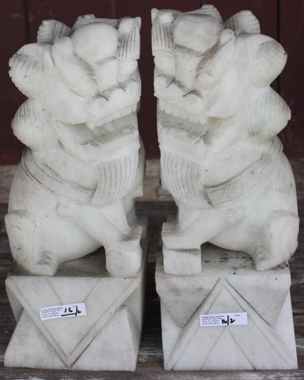 PAIR OF CARVED WHITE MARBLE FOO DOGS: 13 1/4" H, 5 1/4" W, 4 3/4" D