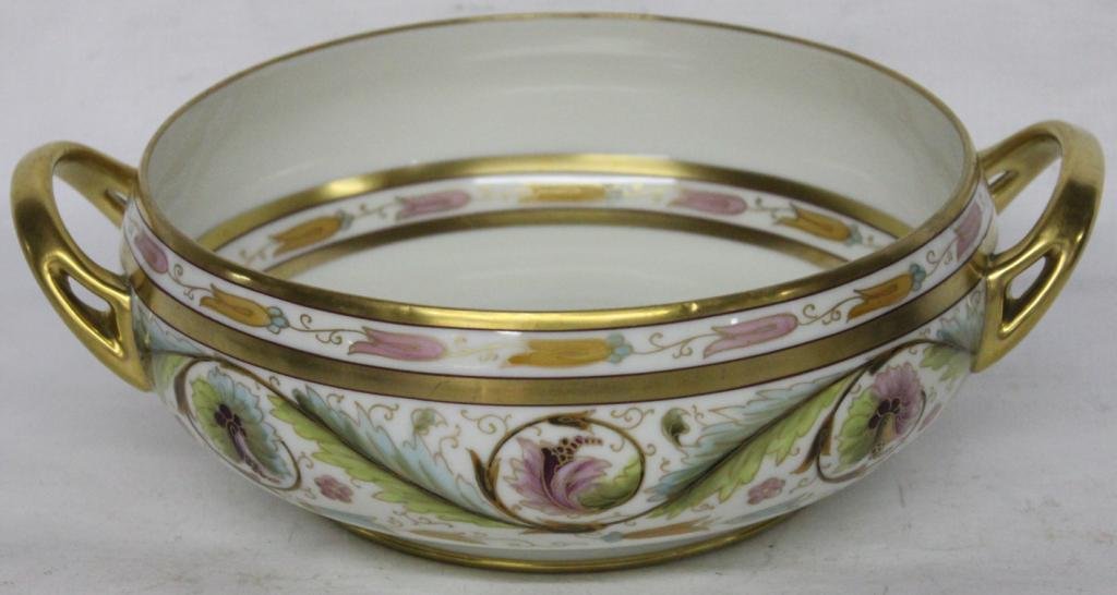 PICKARD DECORATED BAVARIAN BOWL: WITH FLORAL & FOLIATE DESIGN, GILT HANDLES, 3 1/2" H, 11 1/4" W, 8 1/2" DIA.