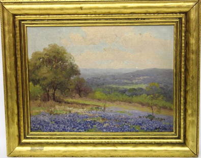 SMALL OIL ON BOARD, TEXAS BLUEBONNET SCENE,: ARTIST SIGNED, 8 1/2" X 11 1/2"