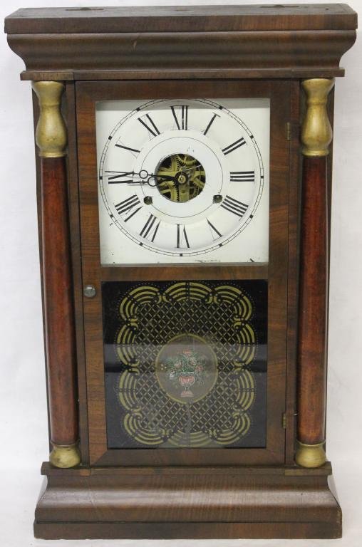 19TH C. SETH THOMAS WEIGHT DRIVEN SHELF CLOCK: SPLIT COLUMN SIDES, PAINTED DECORATION, WORKING CONDITION, 25 1/4" H, 15" W, 4 1/2"