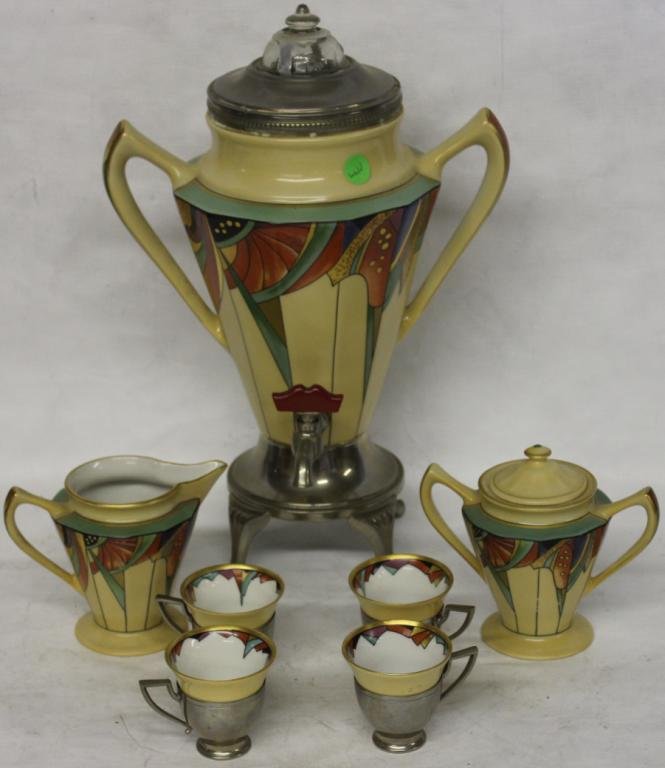 7 PC. ART DECO COFFEE SET, POTTERY & METAL: MISSING CORD, 2 1/2" - 15 1/4" H, SIGNED FRAUNFELTER