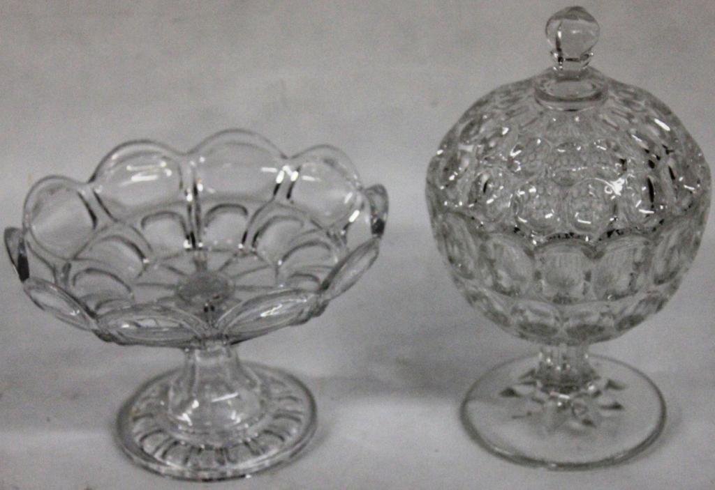 19TH C. FLINT GLASS 5" H COMPOTE TOGETHER WITH: COVERED COMPOTE SHOWS CHIP 9" H, ATTRIBUTED TO BAKEWELL