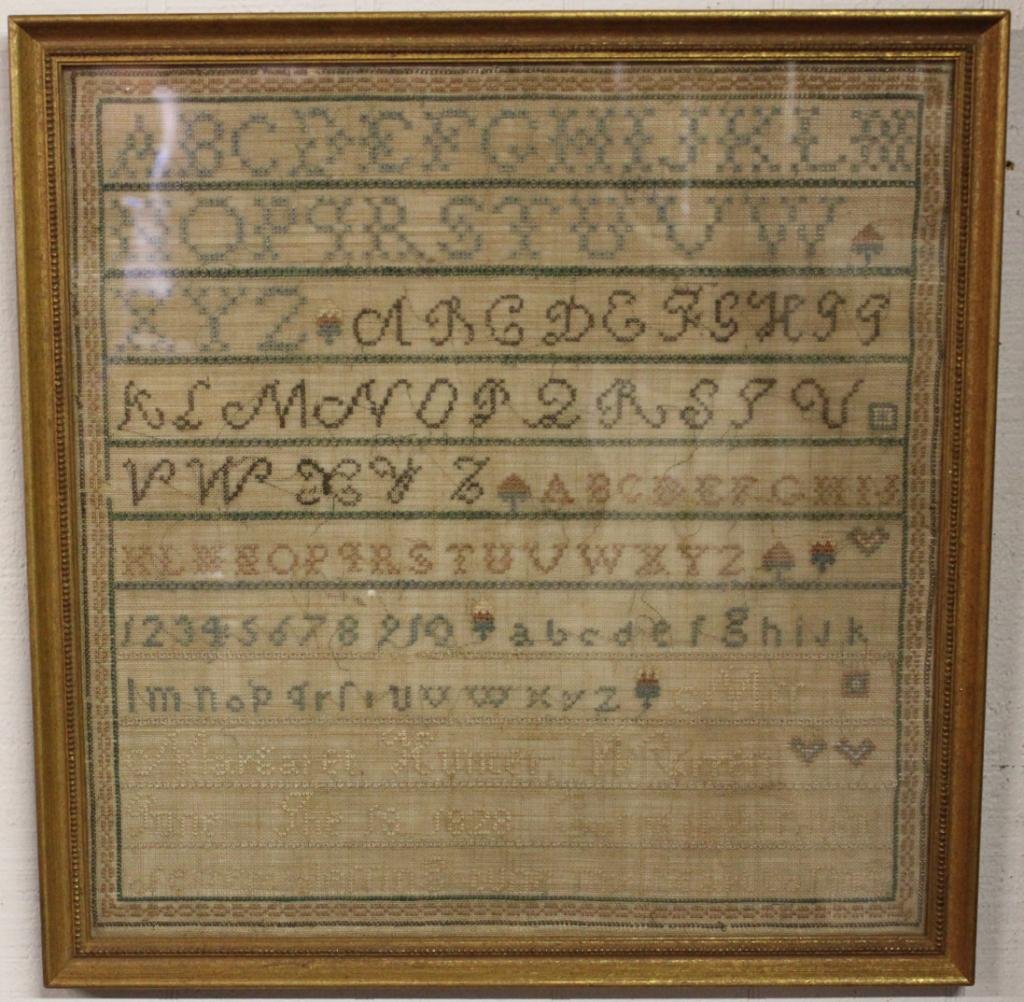 19TH C. FRAMED & GLAZED SAMPLER,: WITH 4 ALPHABETS, VERSE, ETC. BY MARGARET HUMER WARREN 1829, SHOWS SOME FADING, 17 1/4" X 16 3/4"