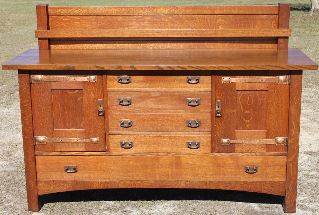 L&JG STICKLEY QUARTERED OAK SIDEBOARD,: ORIGINAL HAMMERED HARDWARE, CLEAN OLD FINISH, WITH PLATE RAIL BACKSPLASH, 45 3/4" H, 72" L, 25" D