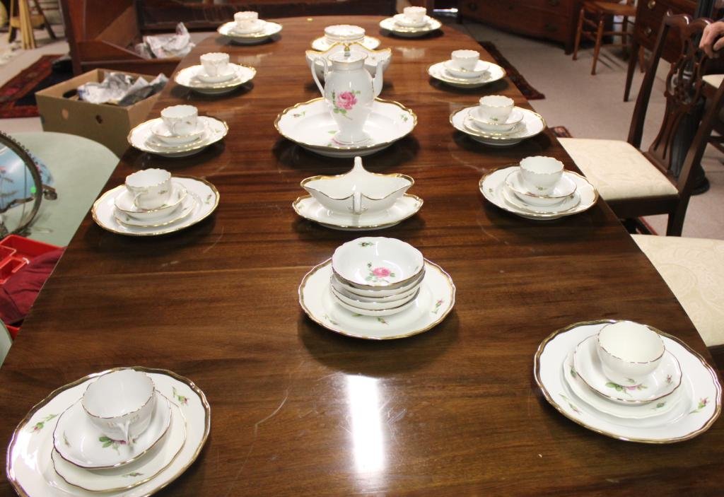 MEISSEN DINNER SET, CROSS SWORDS MARK,: SERVICE FOR 10, INCLUDING SERVING BOWL, PLATE, TEA POT, GRAVY, 2 EXTRA PLATES AND EXTRA SAUCE DISHES, 56 PCS., 1 BREAD PLATE SHOWS REPAIR, TEA POT 9" H, SERVING DISH 13 1/2" L, SERVING BOWL 4" H X 9"