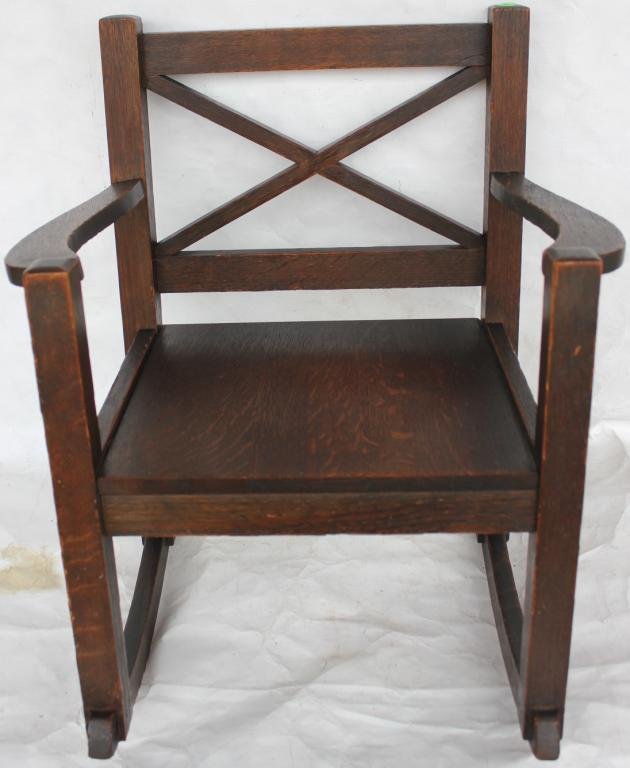 CHILD'S MISSION OAK ROCKING CHAIR,: OLD NATURAL FINISH, 21 1/2" H, 18" W, 20" D