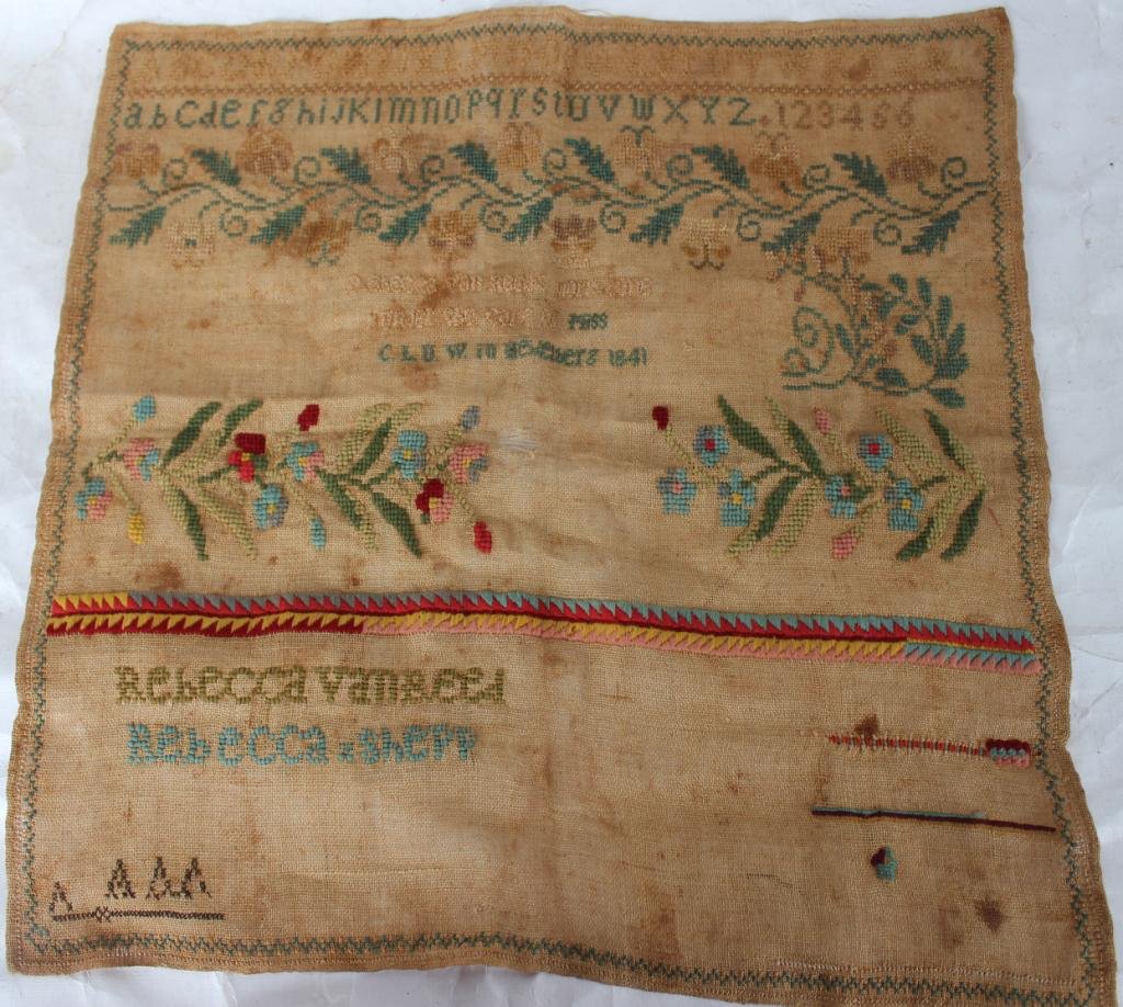 UNFRAMED SAMPLER DATED 1841,: DONE BY THE C.L.U.W. MEMBERS, 17" X 17"