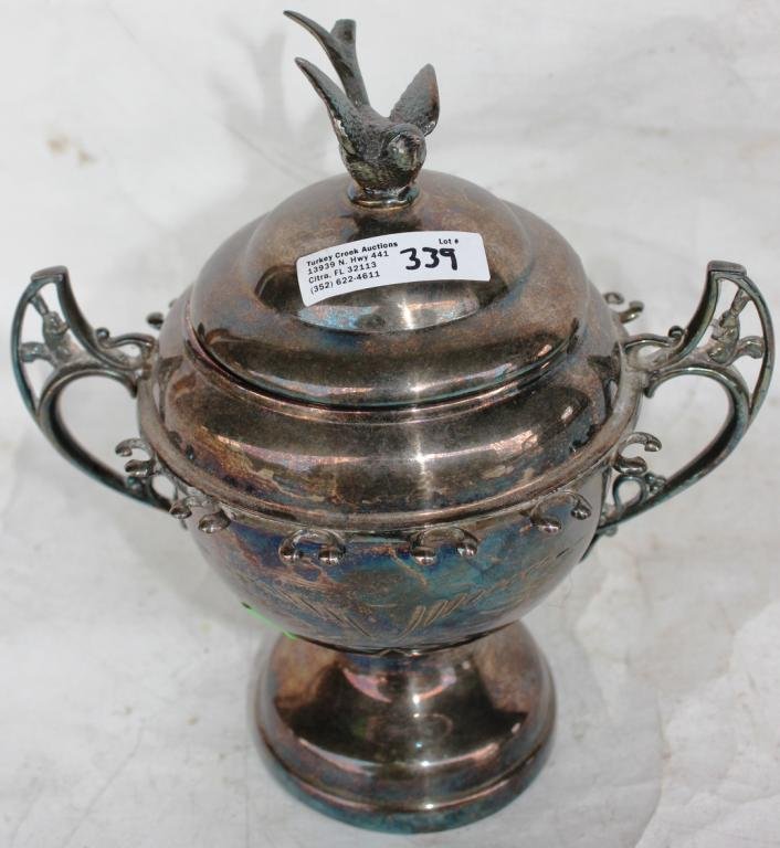 VICTORIAN SILVER PLATED SUGAR BOWL WITH: SPOON HOLDERS, BIRD FINIAL, 8" H