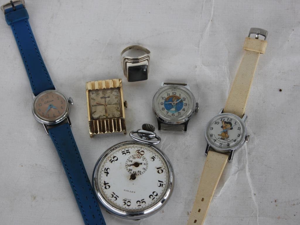 COLLECTION OF MISC. WRIST & STOPWATCHES: TO INCLUDE CINDERELLA AND LUCY, LECOULTRE AND STERLING RING DARK STONE