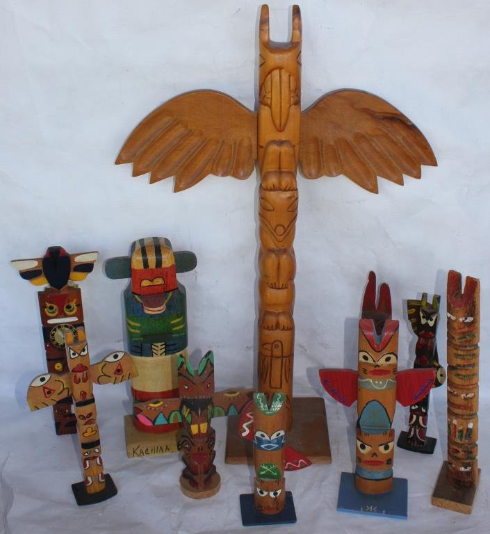 COLLECTION OF 10 DECORATIVE 20TH C. TOTEMS,: 7 1/4" - 25" H