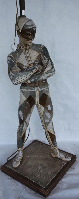 LARGE FIGURAL PLASTER LAMP DEPICTING JESTER,: SHOWS SOME PAINT LOSS, SMALL CRACK TO PLASTER IN BASE, NO SHADE, JESTER 32" H, OVERALL 48" H