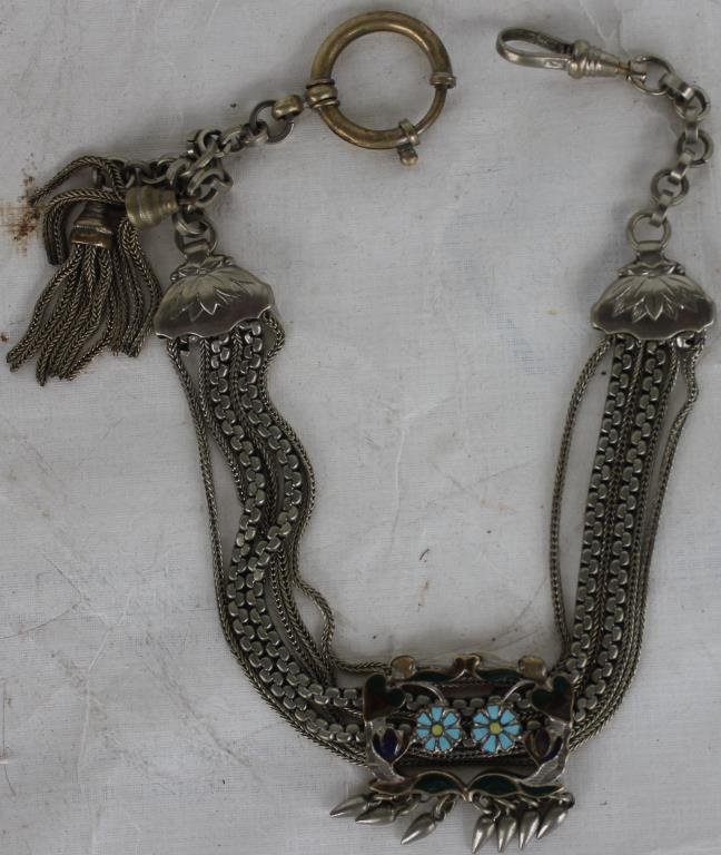 19TH C. ORNATE MULTI STRAND WATCH CHAIN,: ENAMELED SILVER ON COPPER, 12" L