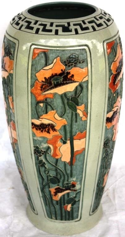 RARE ROSEVILLE DELLA-ROBBIA TALL VASE,: WITH 5 PANELS OF POPPIES, SHOWN IN THE HARN MUSEUM POTTERY EXHIBIT, IMPRESSED ARTIST INITIALS W.M., SHOWS SEVERAL SMALL IMPERFECTIONS, SMALL PIECE OF GREEK KEY MISSING, 17" H OVERALL