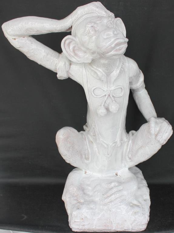 LARGE WHITE GLAZE REDWARE FIGURAL MONKEY: ARM SHOWS REPAIR, 28 1/2" H, 19" W, 12 1/2" D