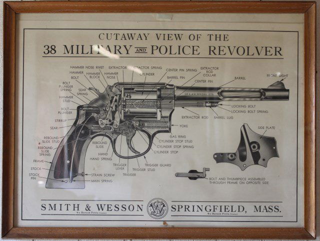 FRAMED & GLAZED ADVERTISING PRINT: OF THE .38 MILITARY AND POLICE REVOLVER BY SMITH & WESSON, 18" X 25" SIGHT