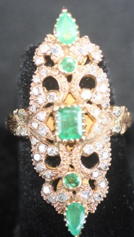 ORNATE 14K YELLOW LADIES RING SET WITH: EMERALDS & DIAMONDS, ENGRAVED BAND, SIZE 6, 1 1/2" H, APPROX. 9.5 GRAMS