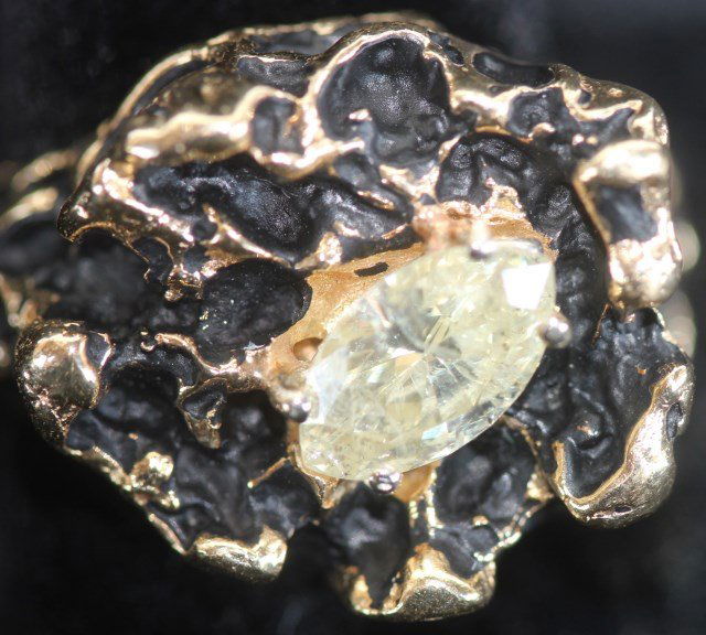 VERY HEAVY GENTS 14K NUGGET RING SET WITH: 6 X 19mm MARQUIS DIAMOND SOLITAIRE, WEIGHING APPROX. 2+ CT. I GRADE STONE, SIZE 9 1/2, 18.5 GRAMS