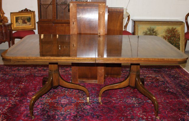 KITTINGER BANDED BANQUET TABLE WITH: BRASS CAP REGENCY STYLE LEGS, 2 LEAVES, EXCELLENT OVERALL CONDITION, 29 1/4" H, 70" W, 44" D, WITH 18" LEAVES, OPENING 106" OVERALL