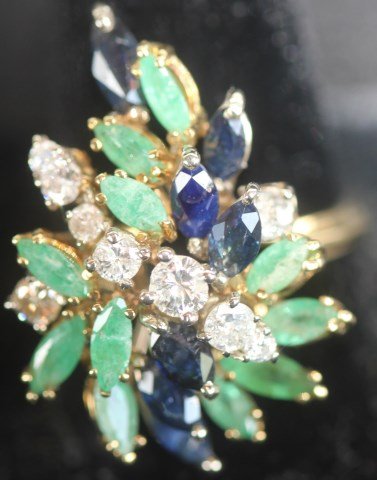 LADIES 14K (TEST) COCKTAIL RING: SET WITH ROUND DIAMONDS, 7 MARQUISE SHAPED SAPPHIRES, 11 MARQUISE SHAPE EMERALDS, SIZE 9