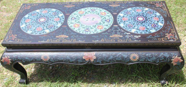EARLY 20TH C. LACQUERED LOW TABLE WITH: 3 INSET CLOISONNE DISCS, 19" H, 48 1/2" W, 23" D, 13" DISCS