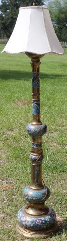 LATE 19TH C. CHAMPLEVE FLOOR LAMP: OIL CONVERTED TO ELECTRIC, FONT MISSING, LAMP 57 3/4" H, OVERALL 67" H