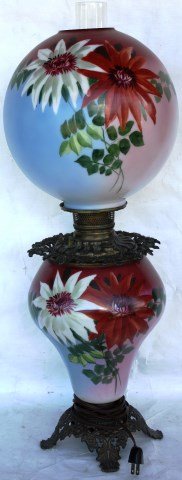 VICTORIAN GONE WITH THE WIND LAMP: WITH FLORAL DECORATION, PAINTED SHADE, ELECTRIFIED, APPROX. 27" H