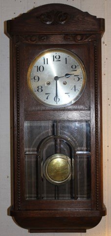 OAK HANGING WALL CLOCK, TIME & STRIKE,: BEVELED GLASS DOOR, OLD FINISH, 31" H, 13" W, 6 1/2" D