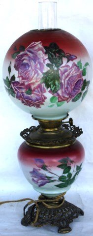 19TH C. GONE WITH THE WIND LAMP: WITH FLORAL DECORATION, ELECTRIFIED, APPROX. 22 3/4" H