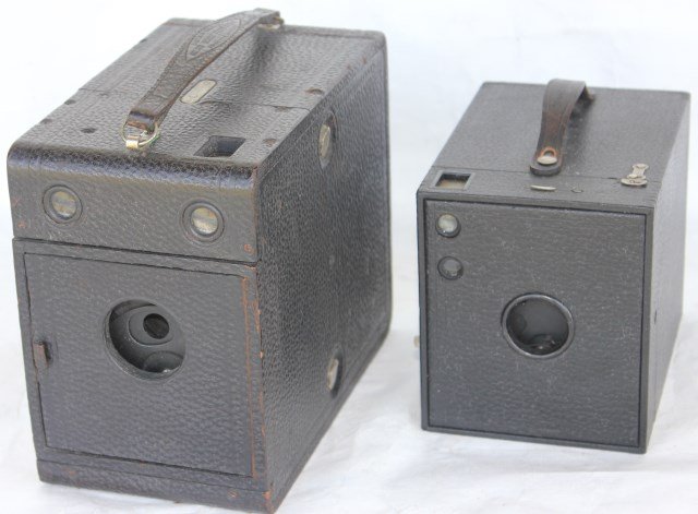 TWO OLD BOX CAMERAS TO INCLUDE: NO. 3 BROWNIE TOGETHER NO. 3B QUICK FOCUS KODAK, 5" & 7" H, 4 3/4" & 4 1/2" W