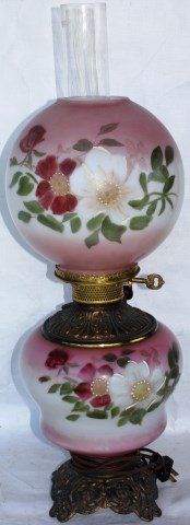 VICTORIAN GONE WITH THE WIND LAMP: FLORAL DECORATION, REPLACED SHADE, 21" H