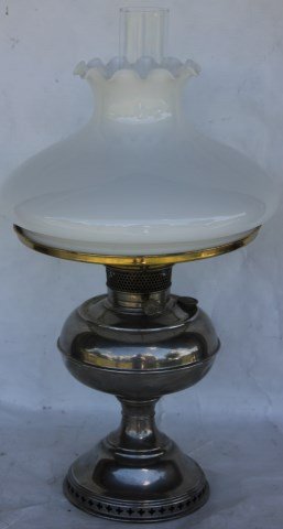 NICKEL PLATED RAYO STYLE LAMP SIGNED: B&H, WITH REPLACED SHADE, CHIMNEY, AND HOLDER, NOT ELECTRIFIED, 19" H OVERALL