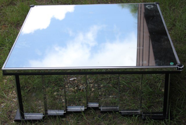 MID CENTURY MODERN MIRRORED LOW TABLE,: 16" H, 38 1/4" X 39 1/4"