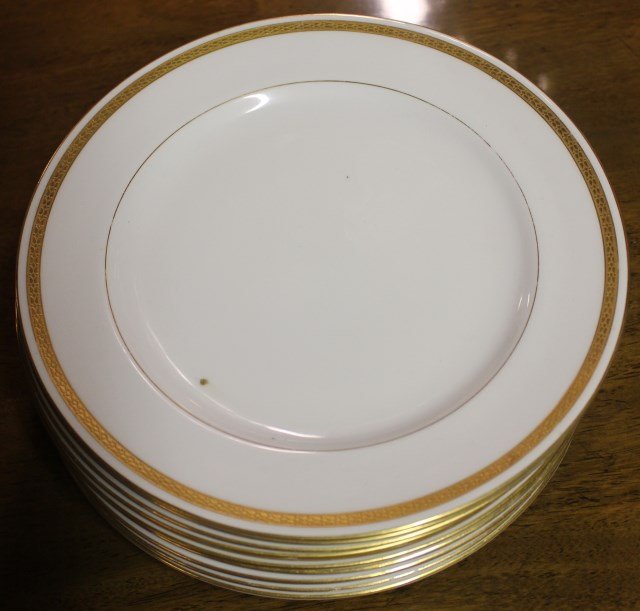 SET OF 10 GOLD BAND DINNER PLATES,: 10 1/4" DIA., BY ROYAL WORCESTER, BIGORNIA PATTERN