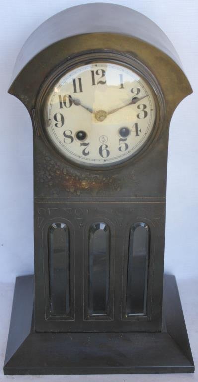 BRASS MISSION STYLE MANTLE CLOCK: TIME & STRIKE, UNUSUAL BEVELED GLASS FRONT, 14 1/4" H, 8" W, 6 1/2" D