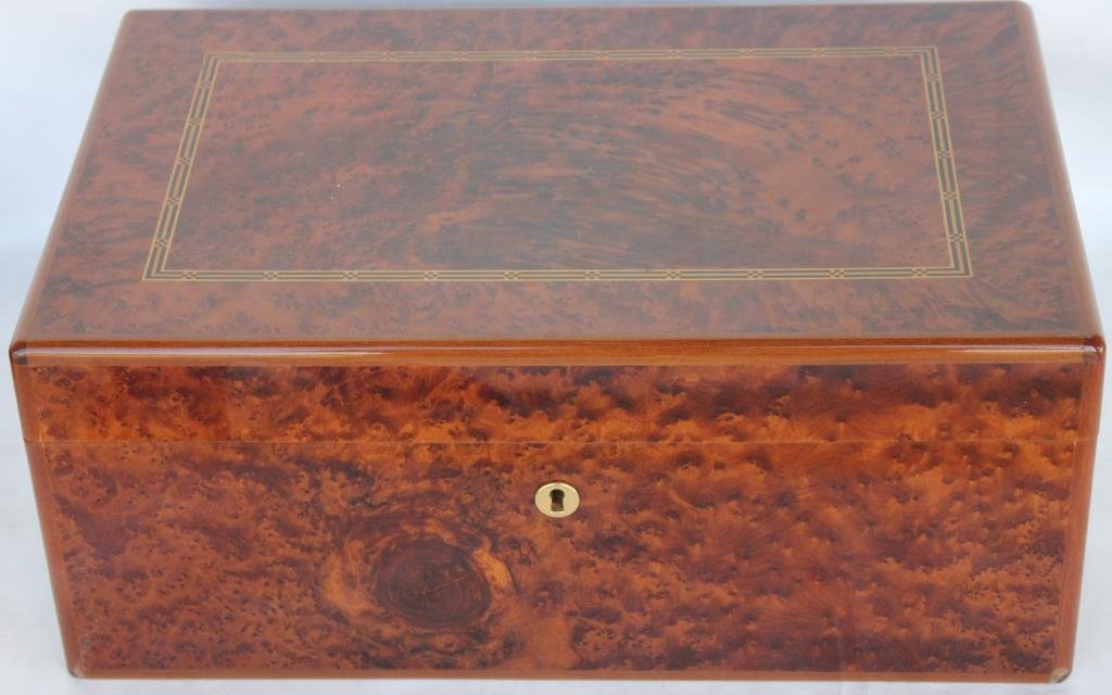 INLAID HUMIDOR BY DUNHILL WITH: ORIGINAL KEYS, AND SEVERAL CIGARS, 6" H, 13 3/4" W, 9" D