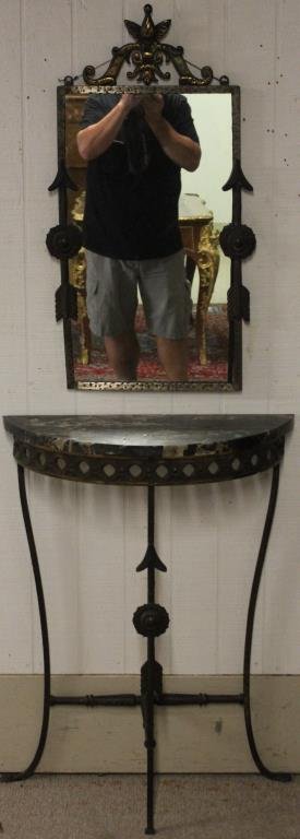 EARLY 20TH C. CAST & WROUGHT IRON CONSOLE TABLE: WITH MARBLE TOP AND MATCHING MIRROR, TABLE 33" H, 24" W, 10" D, MIRROR 30 1/2" X 17"
