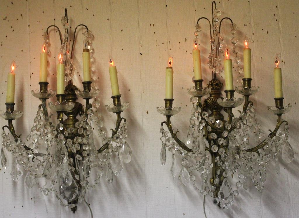 PAIR OF 5 SOCKLE BRASS & CRYSTAL WALL SCONCES,: APPROX. 28 1/2" H, 17 1/2" W, 11" D