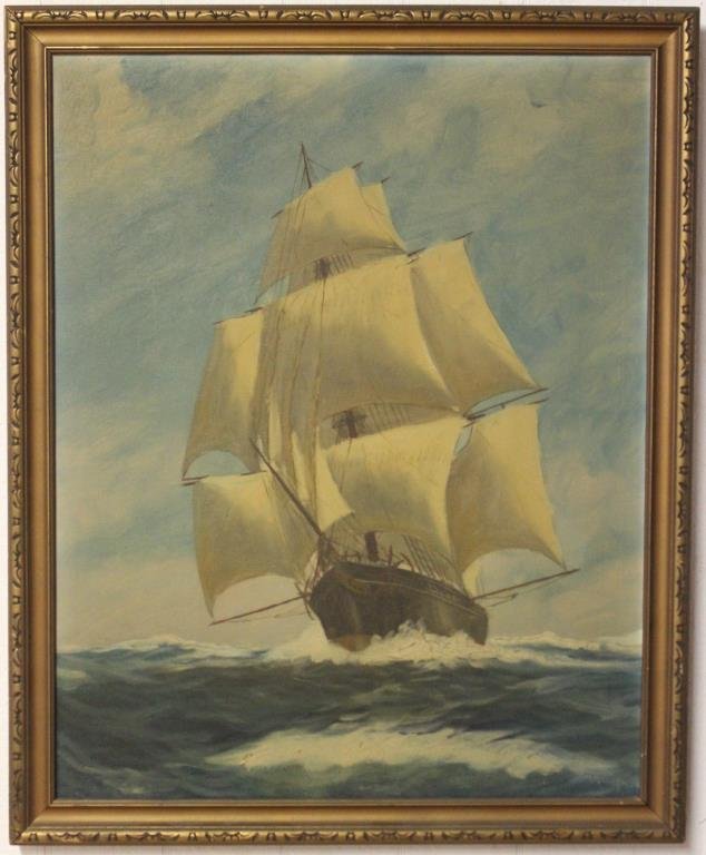 T. BAILEY OIL ON CANVAS, FULLY RIGGED SHIP,: 24 1/2" X 19 1/2" SIGHT