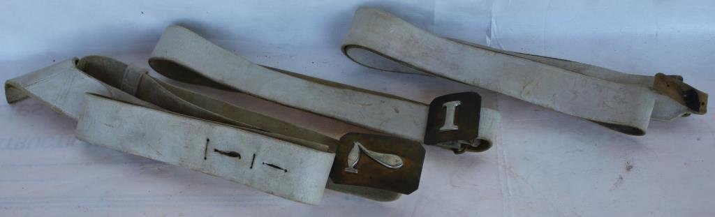 COLLECTION OF 3 WHITE MILITARY LEATHER BELTS,: 2 WITH BRASS BUCKLES, LEATHER MARKED JOHN SEWARD, COMPANY I 7TH REG'T, BUCKLE WITH NUMBER 7 AND LEATHER