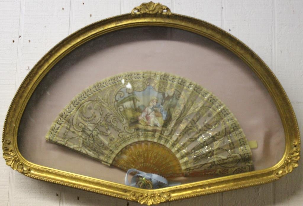 FRAMED 19TH C. FAN WITH ROMANTIC PAINTED SCENE,: FANCY SILVER & GOLD STITCHING, OVERALL 15" X 21 1/2"