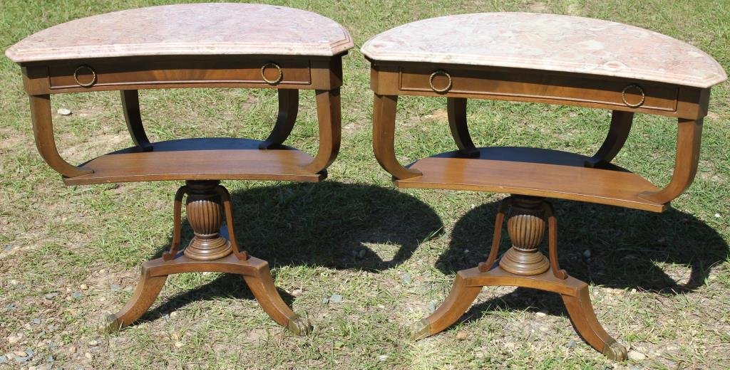PAIR OF CUSTOM MAHOGANY DUNCAN PHYFE STYLE: MARBLE TOP TABLES WITH SHAPED TOPS AND 1 DRAWER, 28 1/2" H, 31" W, 17" D