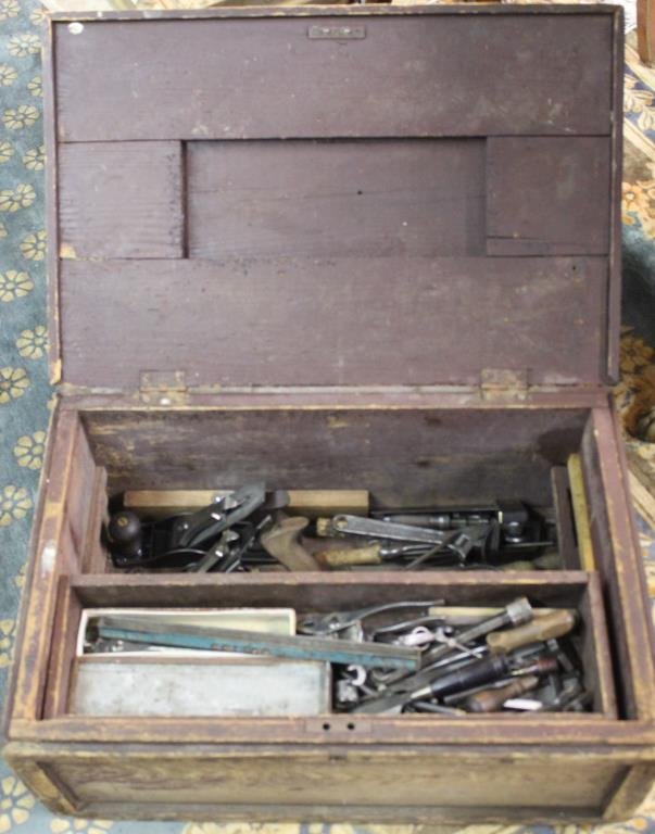 LATE 19TH C. TOOL BOX COMPLETE WITH: VARIOUS TOOLS, ETC., 11 1/2" H, 25" W, 16 1/2" D