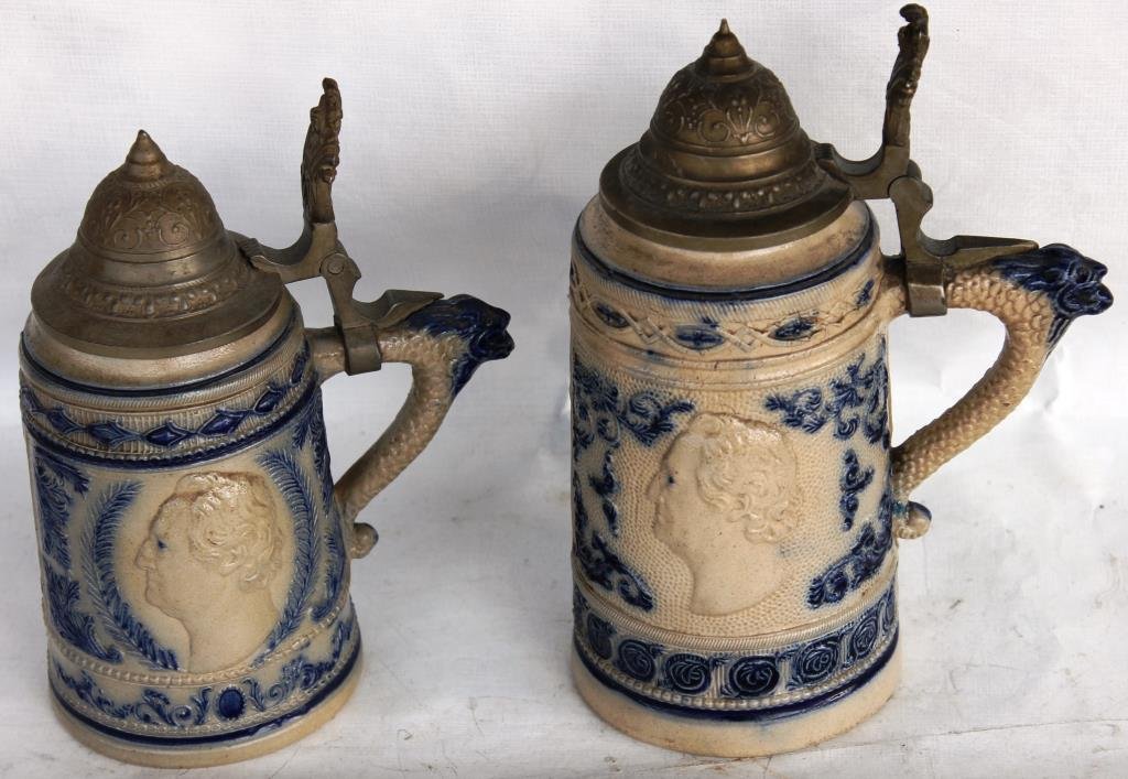 TWO STONEWARE CAMEO STEINS, WITH: GEORGE WASHINGTON AND MOTTOS, PEWTER TOPS, 7" & 8" H, TALLEST SHOWS IN MAKING STRESS MARKS